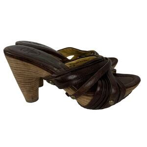 Frye Brown Leather Reese Multi Slide Heels 7.5 Stacked Cone Heel Slip On Sandals